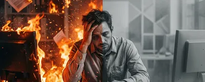 A conceptual split-screen image showing a stressed office worker; the left side is consumed in fiery chaos representing burnout, while the right side is a dull, fading gray representing boreout.
