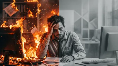 A conceptual split-screen image showing a stressed office worker; the left side is consumed in fiery chaos representing burnout, while the right side is a dull, fading gray representing boreout.