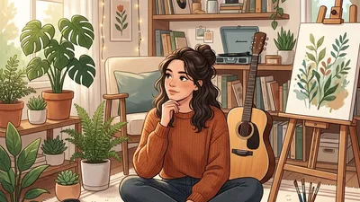 A person surrounded by various hobby items like a camera, plants, a guitar, and painting supplies, looking thoughtfully at their options.