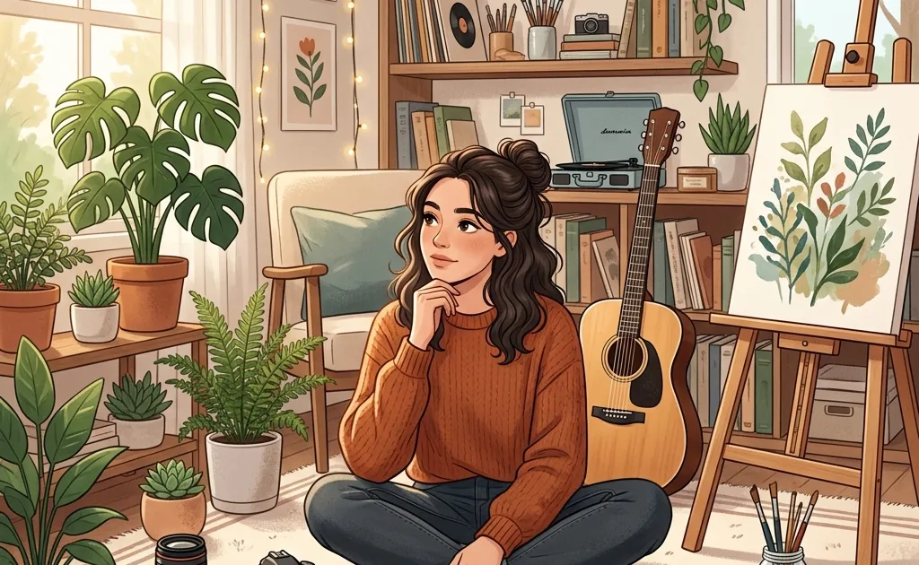 A person surrounded by various hobby items like a camera, plants, a guitar, and painting supplies, looking thoughtfully at their options.