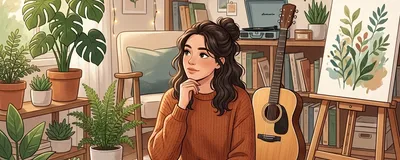 A person surrounded by various hobby items like a camera, plants, a guitar, and painting supplies, looking thoughtfully at their options.