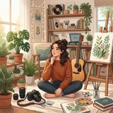 A person surrounded by various hobby items like a camera, plants, a guitar, and painting supplies, looking thoughtfully at their options.
