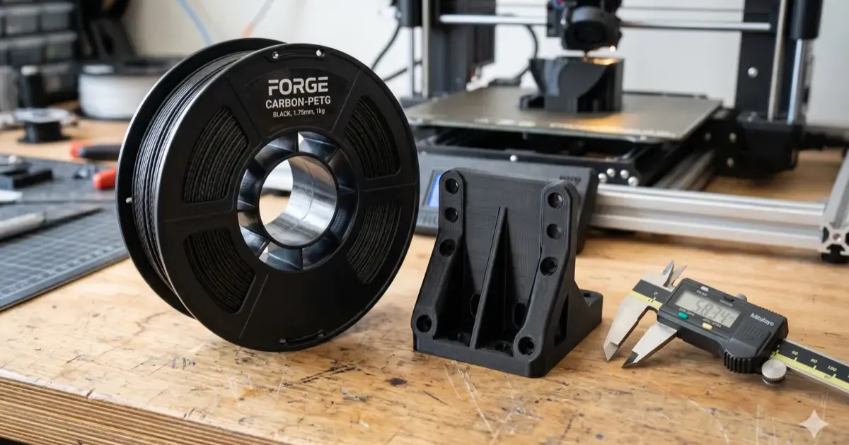 Spool of black PETG-CF carbon fiber filament next to a 3D printed mechanical bracket