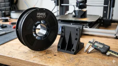 Spool of black PETG-CF carbon fiber filament next to a 3D printed mechanical bracket