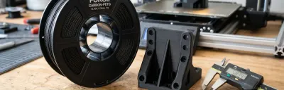 Spool of black PETG-CF carbon fiber filament next to a 3D printed mechanical bracket