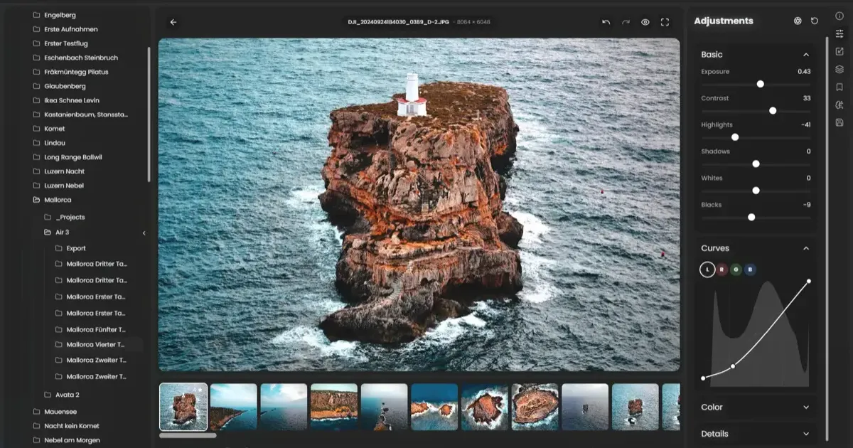 RapidRAW photo editing interface showing RAW image processing
