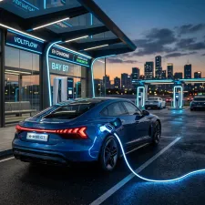 A sleek modern electric vehicle charging at a futuristic well-lit station at dusk with glowing blue LEDs.