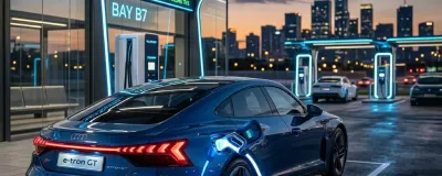 A sleek modern electric vehicle charging at a futuristic well-lit station at dusk with glowing blue LEDs.