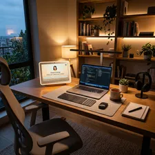 A modern home office setup featuring a custom AI assistant on a smart display