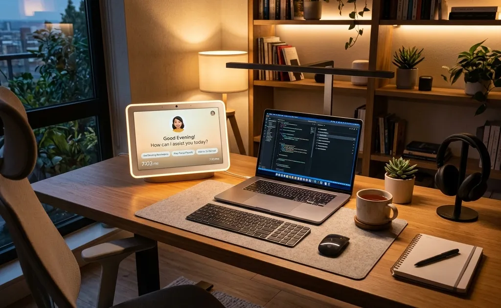A modern home office setup featuring a custom AI assistant on a smart display