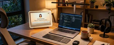 A modern home office setup featuring a custom AI assistant on a smart display