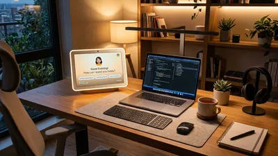 A modern home office setup featuring a custom AI assistant on a smart display