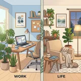 A split scene showing a peaceful home office with plants and a laptop on one side, and a relaxing living room setting with a book and coffee on the other side.