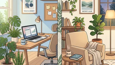A split scene showing a peaceful home office with plants and a laptop on one side, and a relaxing living room setting with a book and coffee on the other side.