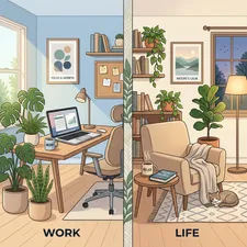 A split scene showing a peaceful home office with plants and a laptop on one side, and a relaxing living room setting with a book and coffee on the other side.