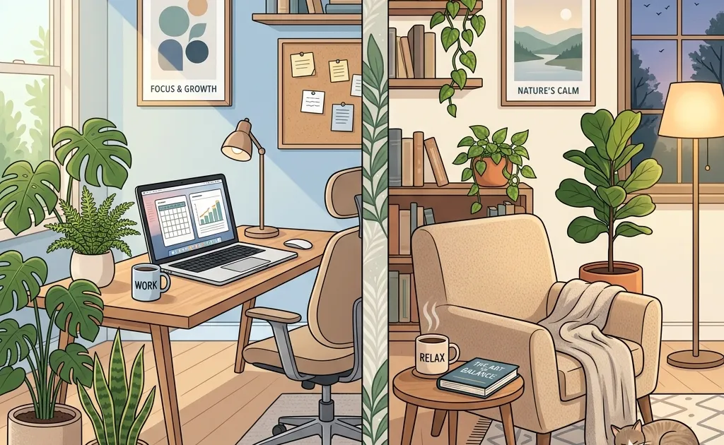 A split scene showing a peaceful home office with plants and a laptop on one side, and a relaxing living room setting with a book and coffee on the other side.