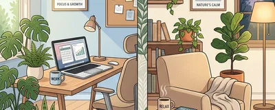 A split scene showing a peaceful home office with plants and a laptop on one side, and a relaxing living room setting with a book and coffee on the other side.