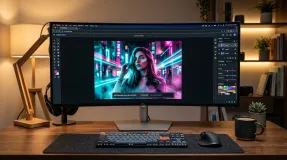 A web browser running an AI-generated Photoshop clone on a modern desk setup