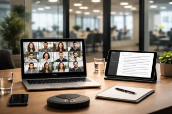 Collection of AI meeting assistant app interfaces on a laptop screen