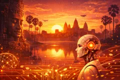 Cambodia travel scene with Angkor Wat and AI trip planning elements