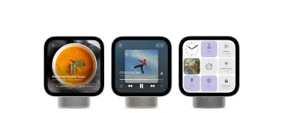 Apple HomeView smart display on a modern wooden kitchen counter showing calendar widgets and smart home controls