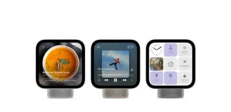 Apple HomeView smart display on a modern wooden kitchen counter showing calendar widgets and smart home controls