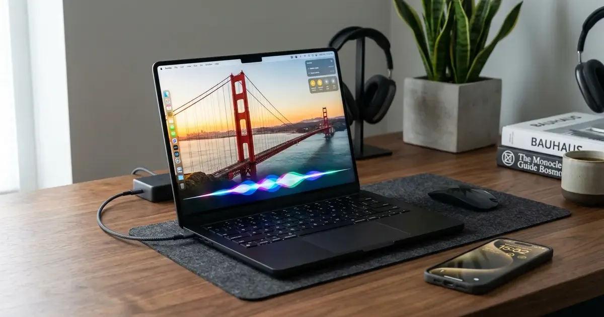 A Space Black MacBook Pro running macOS Golden Gate and an iPhone with glowing Siri AI waveforms on a wooden desk.