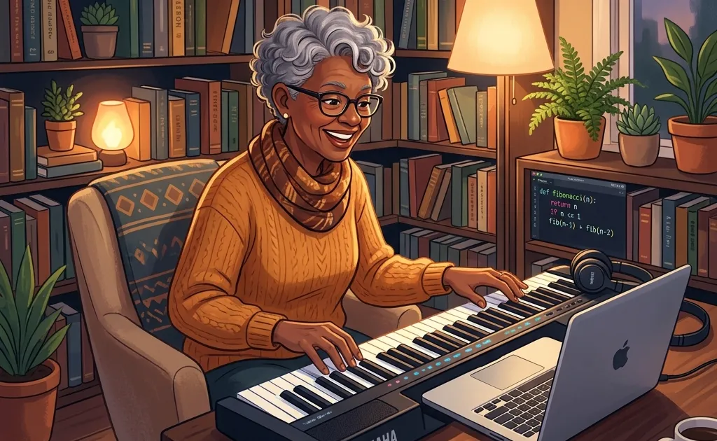 An older adult confidently learning to play the piano and coding on a laptop, surrounded by books.
