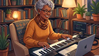 An older adult confidently learning to play the piano and coding on a laptop, surrounded by books.