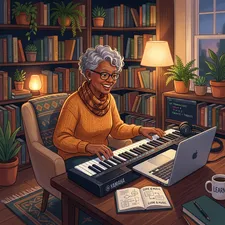 An older adult confidently learning to play the piano and coding on a laptop, surrounded by books.