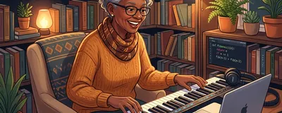 An older adult confidently learning to play the piano and coding on a laptop, surrounded by books.
