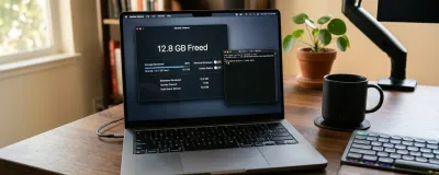 RemoveMacAI app interface running on a MacBook Pro showing toggles to disable Apple Intelligence and reclaim SSD storage