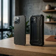 Side by side comparison of a smartphone with a carbon fiber skin and another with a heavy-duty rugged case