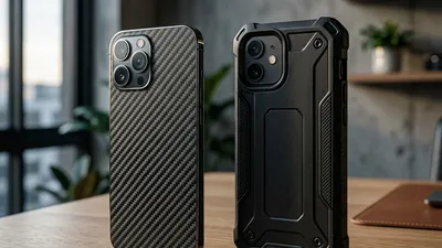 Side by side comparison of a smartphone with a carbon fiber skin and another with a heavy-duty rugged case