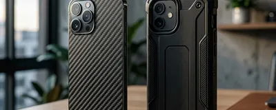 Side by side comparison of a smartphone with a carbon fiber skin and another with a heavy-duty rugged case