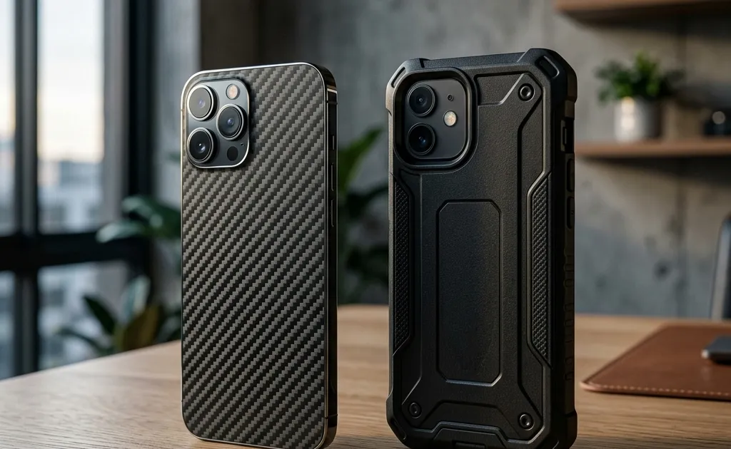 Side by side comparison of a smartphone with a carbon fiber skin and another with a heavy-duty rugged case