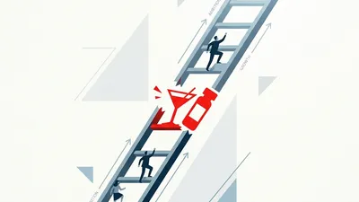 A minimalist, conceptual illustration of a corporate ladder with a broken rung shaped like a cocktail glass or pill, contrasting professional ambition with substance use.