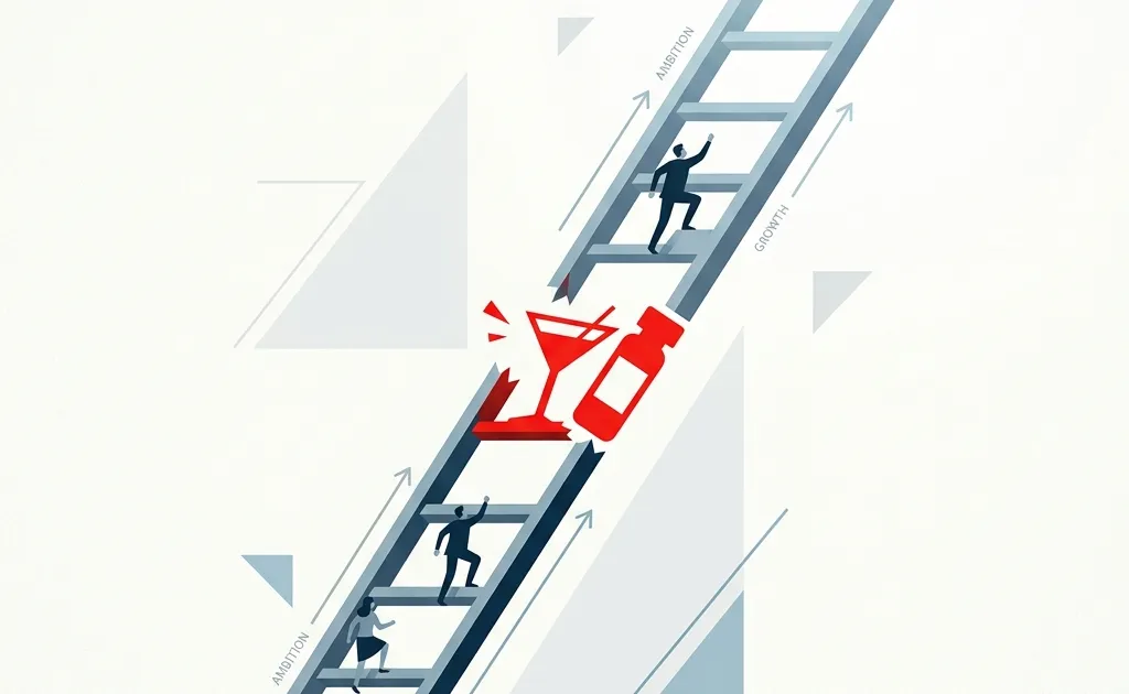A minimalist, conceptual illustration of a corporate ladder with a broken rung shaped like a cocktail glass or pill, contrasting professional ambition with substance use.