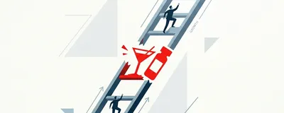 A minimalist, conceptual illustration of a corporate ladder with a broken rung shaped like a cocktail glass or pill, contrasting professional ambition with substance use.