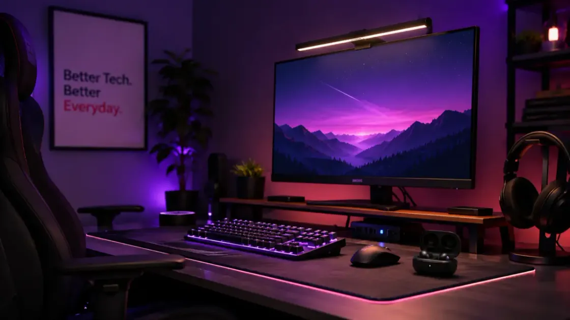 A gaming desk setup with a chair, monitor light bar, and earbuds as gift ideas