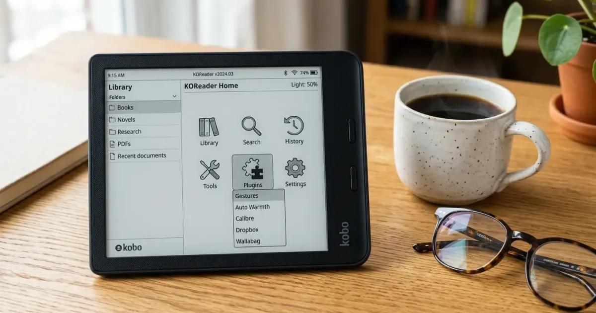 An e-reader device running KOReader displaying the plugins menu next to glasses and a coffee cup on a wooden desk.