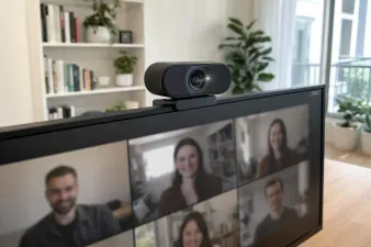 Collection of webcams for working from home mounted on monitors