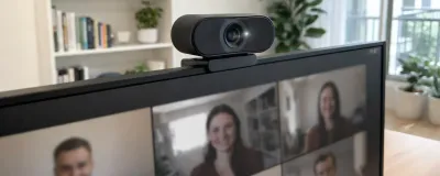 Collection of webcams for working from home mounted on monitors