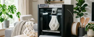A sleek 3D printer integrated into a modern home interior, printing a beautiful vase.