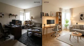 Before and after comparison of a home office redesigned using AI tools