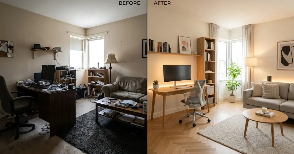 Before and after comparison of a home office redesigned using AI tools