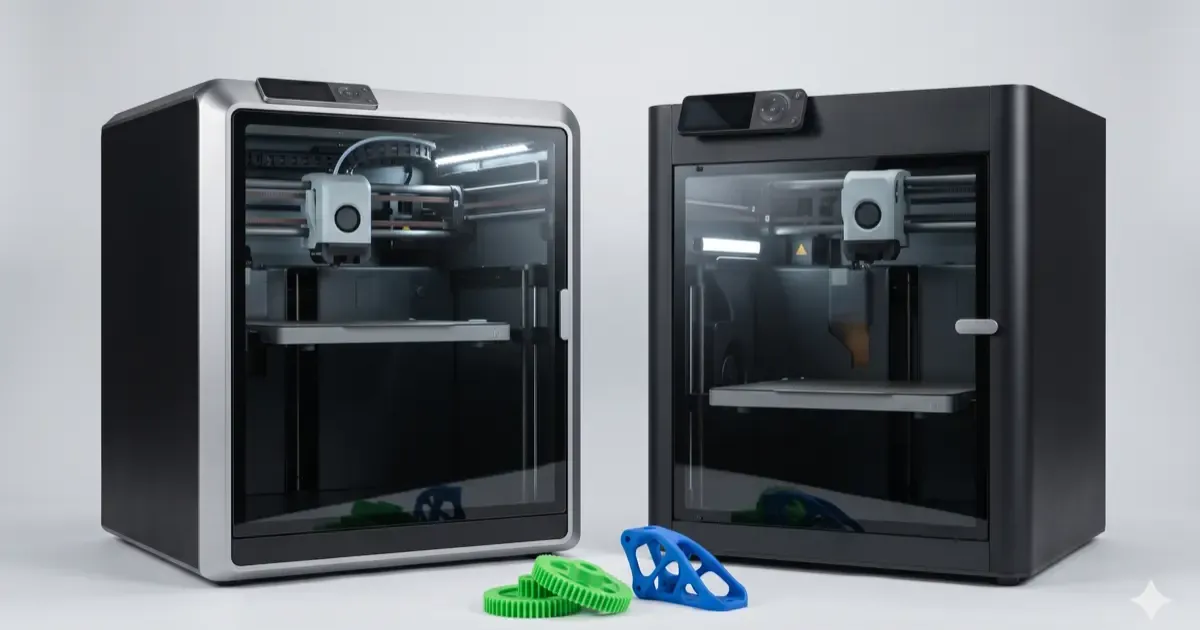 Bambu Lab X2D and P1S 3D printers side by side for comparison