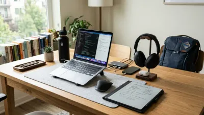 Organized student study desk featuring laptop, ANC headphones, digital notebook, and charging accessories