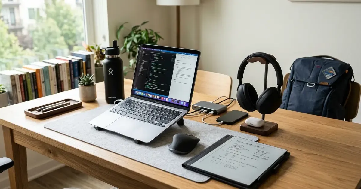 Organized student study desk featuring laptop, ANC headphones, digital notebook, and charging accessories