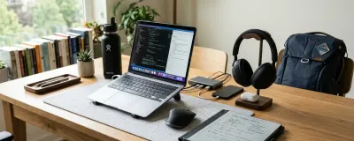 Organized student study desk featuring laptop, ANC headphones, digital notebook, and charging accessories